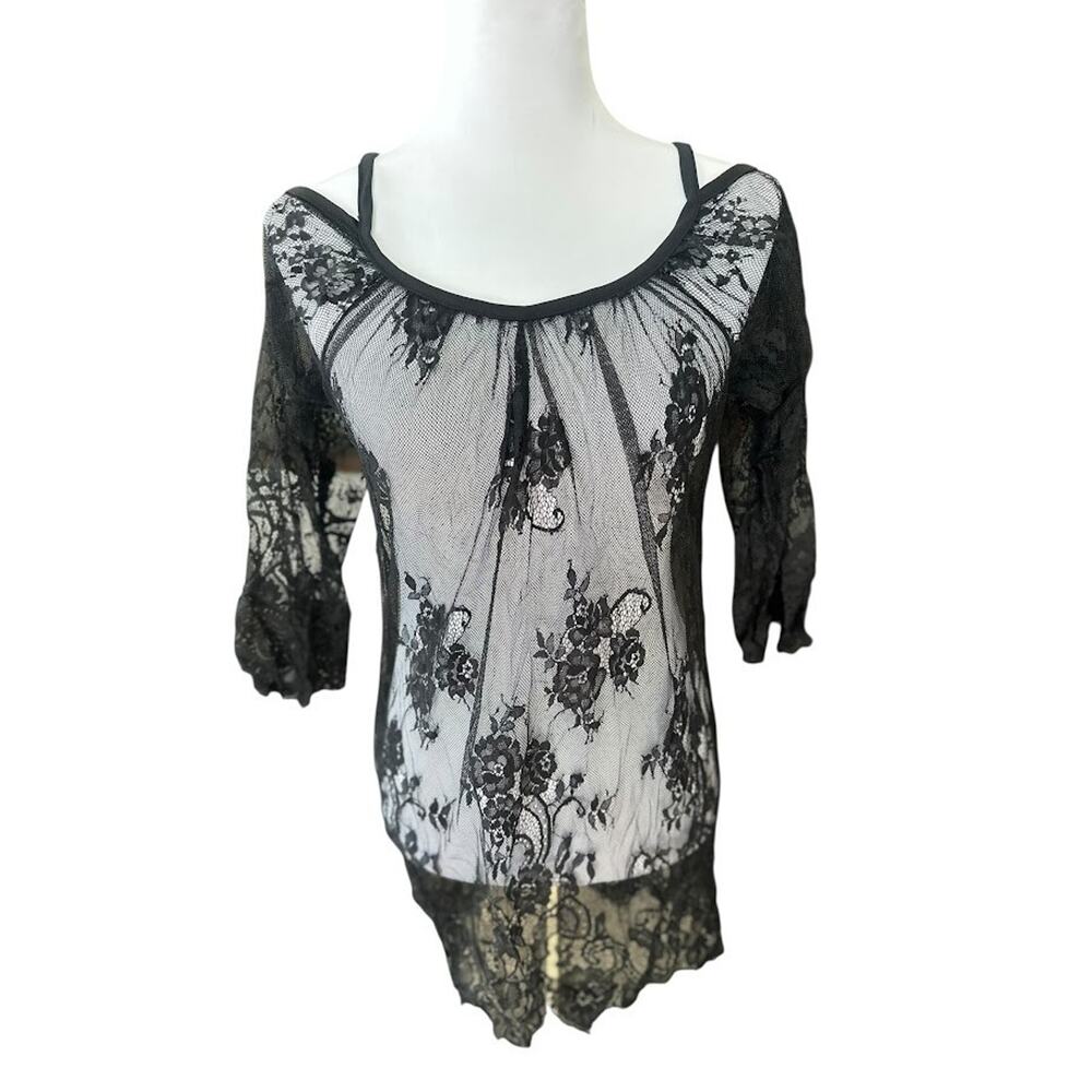 Women Sexy Boho Floral Black Lace Sheer Whimsigoth Goth Grunge Tunic Top Fairy M